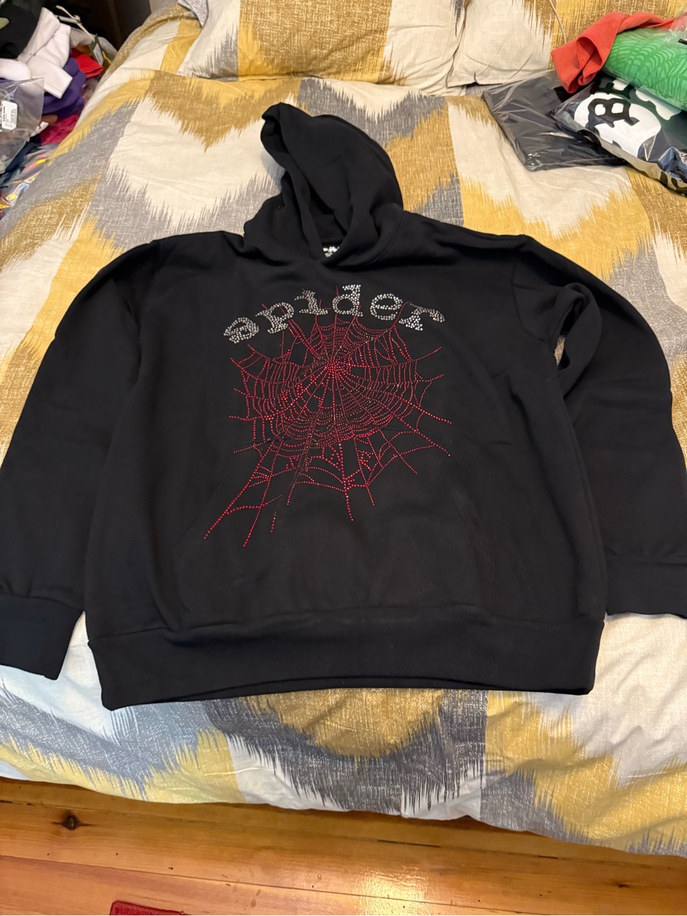Sp5der Mens Black Hoodie with Red Spider-Web Rhinestone Graphic size XL